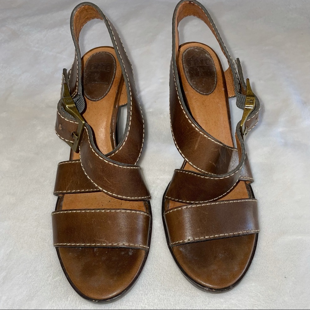 Frye Brown Amy Crisscross Leather Heeled Sandals